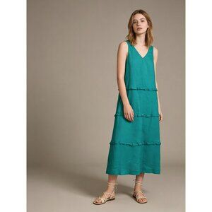 NWOT JOHNNY WAS Calme Tiered Ruffles V-Neck Trapeze Midi Dress Size S Teal